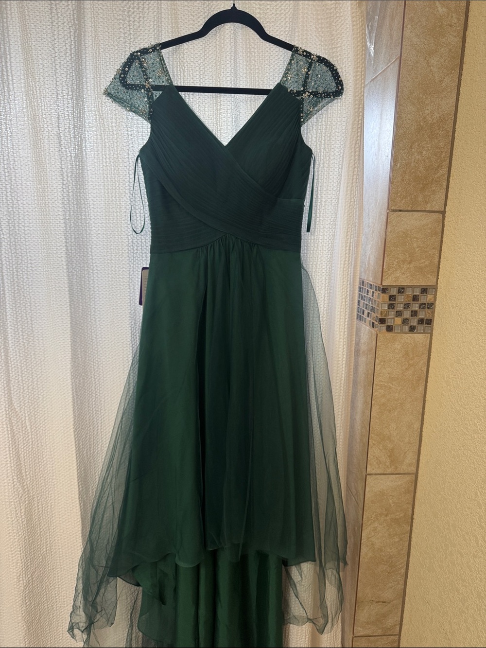JJs House Dark Green High-Low V-Neck Evening Dress with Beaded Cap Sleeves